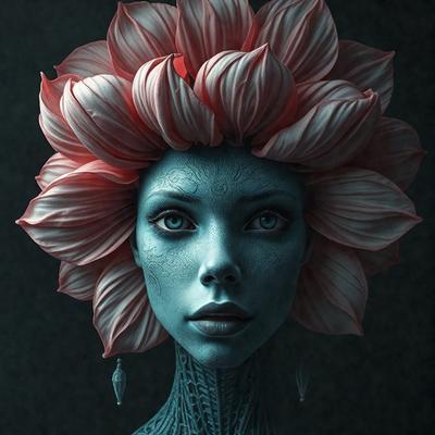 The primary subject of the image is a woman with a blue and pink floral headpiece. The setting is a dark background, which adds a dramatic and mysterious atmosphere to the scene. The visual style is a combination of digital art and illustration, creating a unique and intriguing appearance. The colors and mood convey a sense of fantasy and artistic expression.